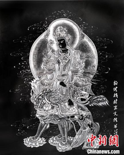 圖為朱增平創作的鍥金畫《敦煌榆林窟文殊菩薩》。(資料圖) 受訪者供圖