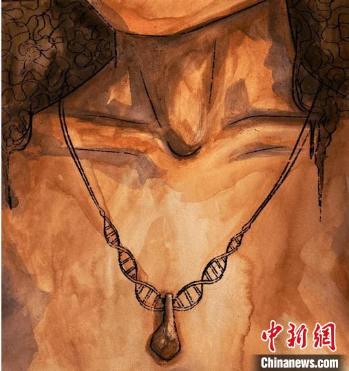 墜飾藝術(shù)再現(xiàn)圖，圖中吊墜繩為DNA螺旋樣式(圖片作者Myrthe Lucas)。　施普林格·自然 供圖