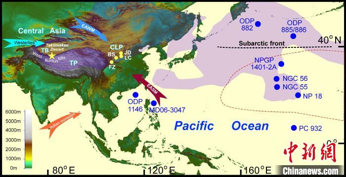 塔里木沙塵傳輸至北太平洋的路徑(陰影區)及西昆侖山黃土巖芯位置(五角星)。　中科院青藏高原所 供圖