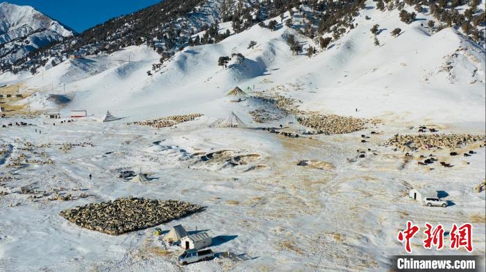 圖為無人機(jī)航拍牧場?！《继m縣融媒體中心供圖