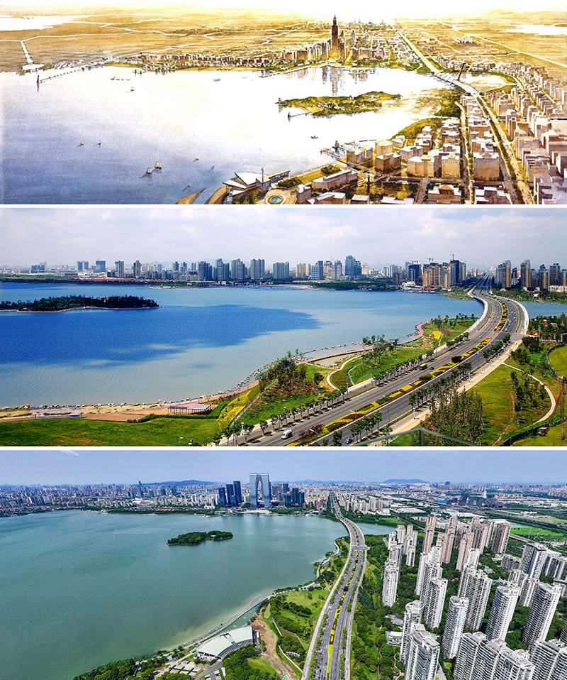 拼版照片：上圖為1994年繪制的蘇州工業(yè)園區(qū)手繪規(guī)劃圖；中圖為2007年拍攝的蘇州工業(yè)園區(qū)；下圖為2023年7月4日用無人機拍攝的蘇州工業(yè)園區(qū)。