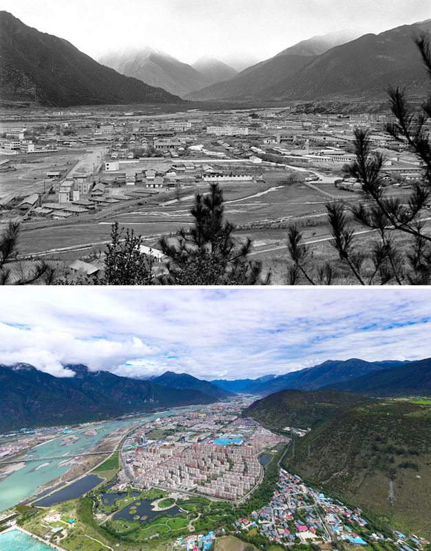 拼版照片：上圖是20世紀(jì)90年代的西藏林芝八一鎮(zhèn)；下圖是2021年7月20日拍攝的西藏林芝八一鎮(zhèn)風(fēng)貌。