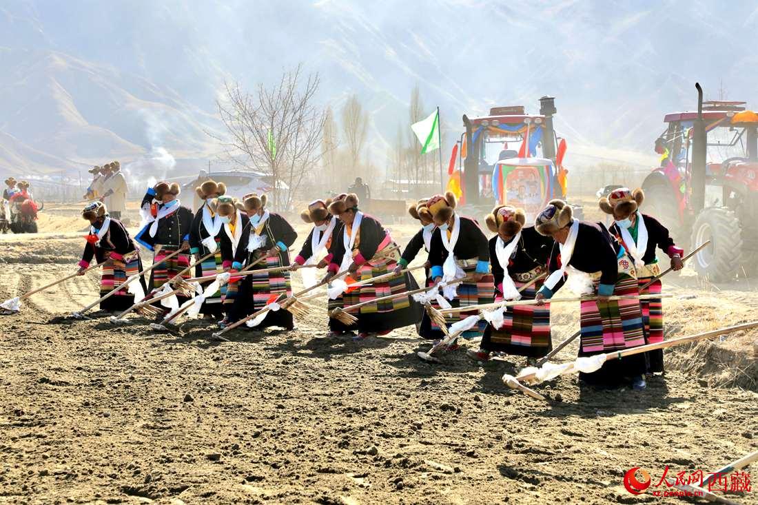 當地村民身著節日盛裝，舉行春耕儀式。人民網 次仁羅布攝